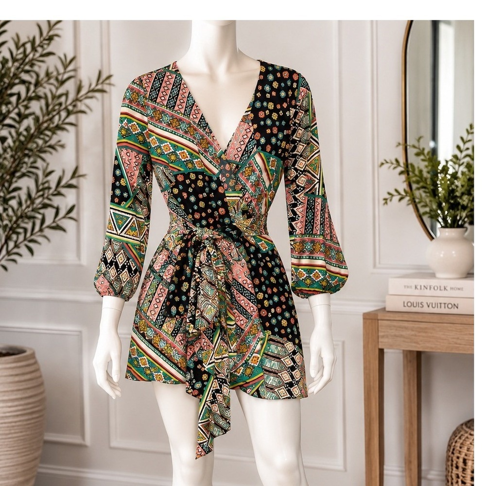 LUK Women Wrap Dress Geometric Floral Patchwork Print V-Neck Size Small
